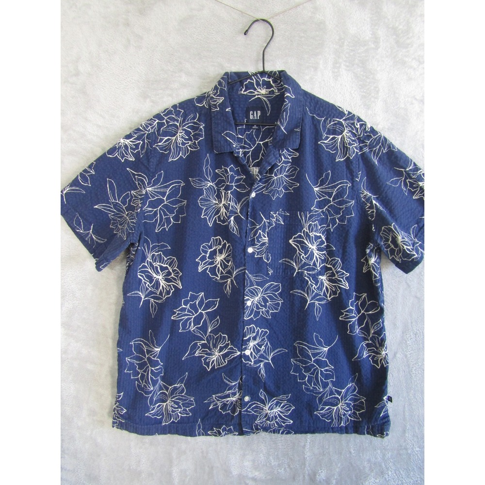 GAP Mens Short Sleeve Button Down Shirt Blue Floral Textured XL‎